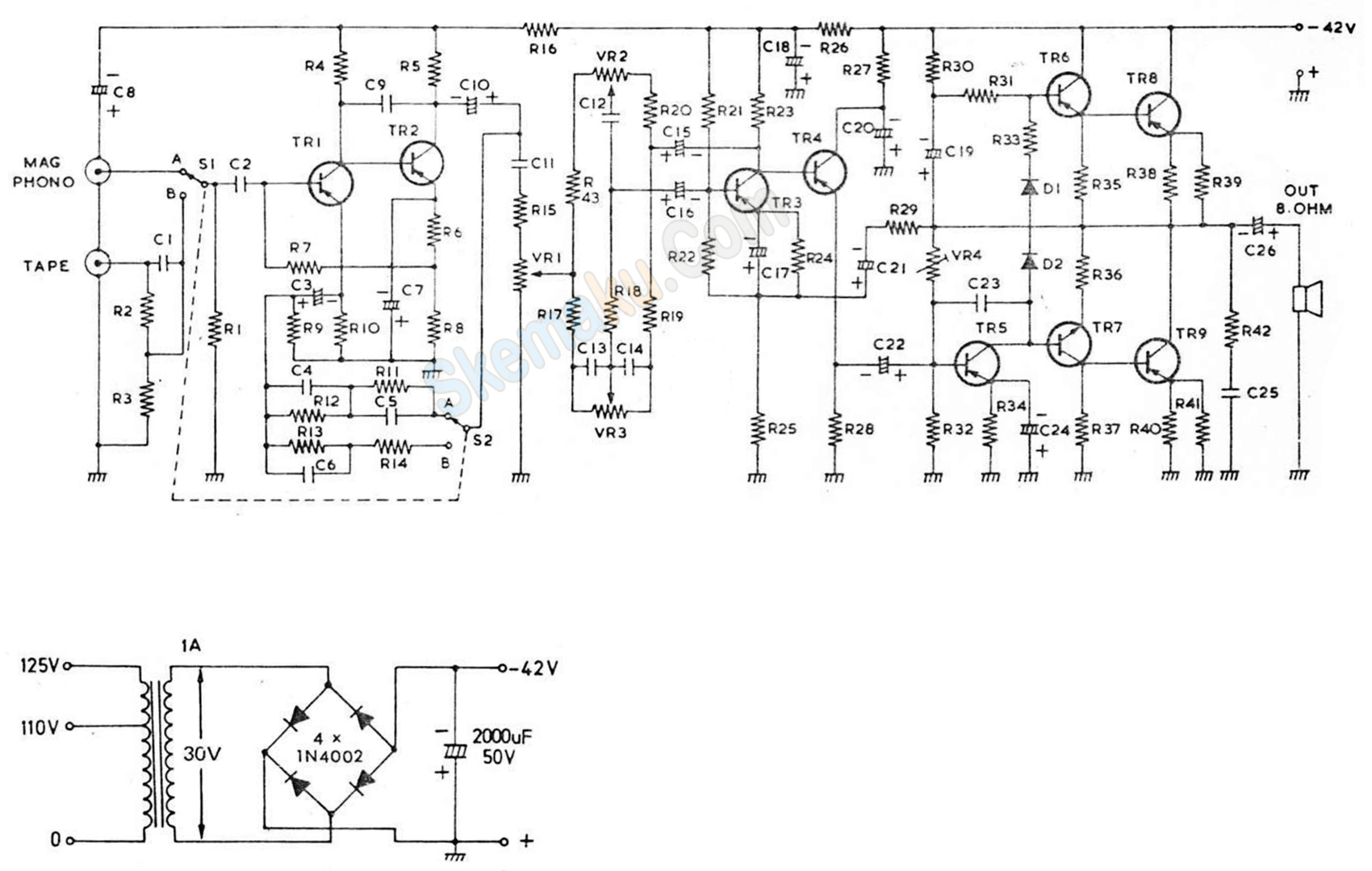  Rangkaian  Amplifier  OTL 15 Watt Hi Fi dengan Transistor 