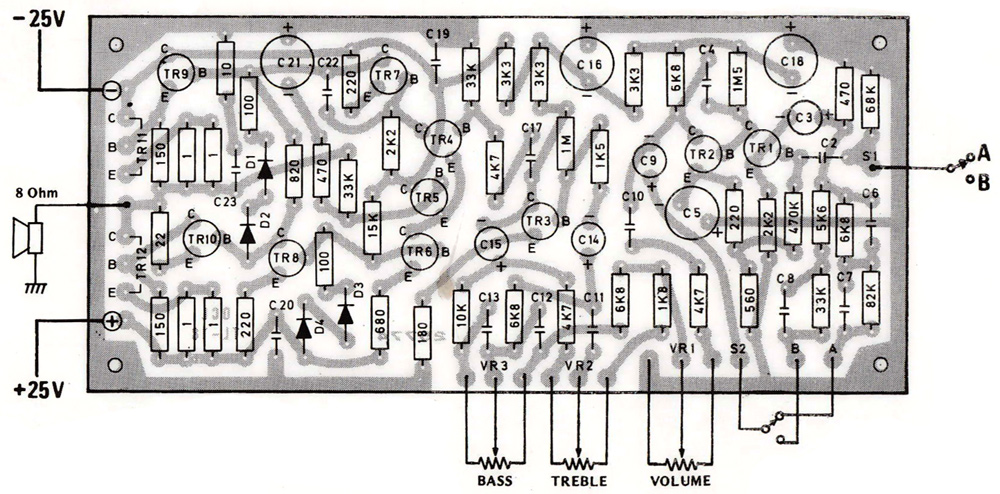 layout pcb rangkaian amplifier ocl 20 watt hi-fi